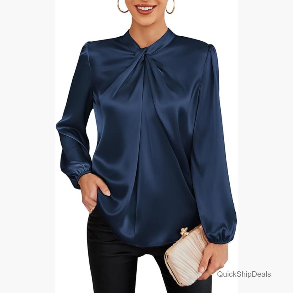 Satin Mock Neck Long Sleeve Blouse, Lantern Sleeve Office Top